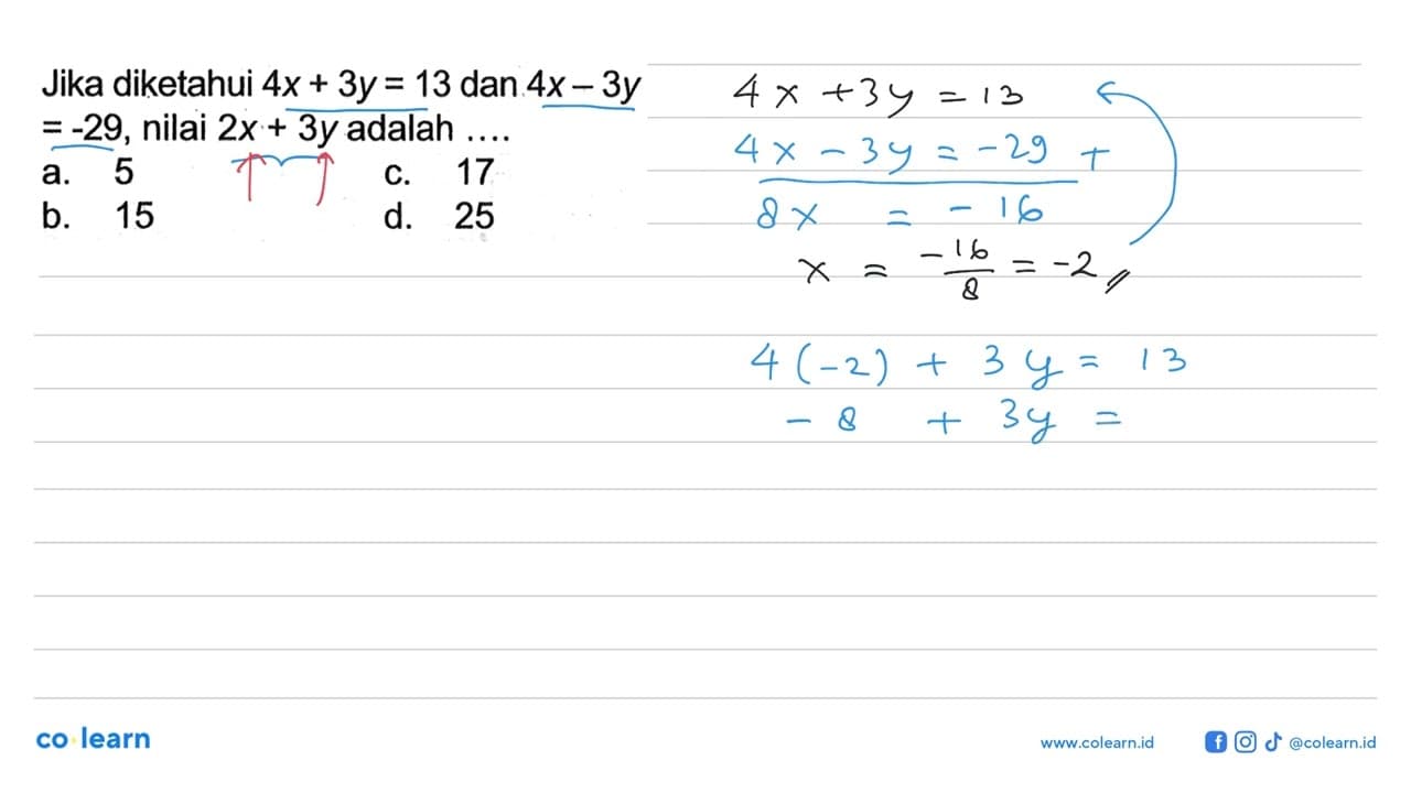 Jika diketahui 4x+3y=13 dan 4x-3y=-29, nilai 2x+3y adalah