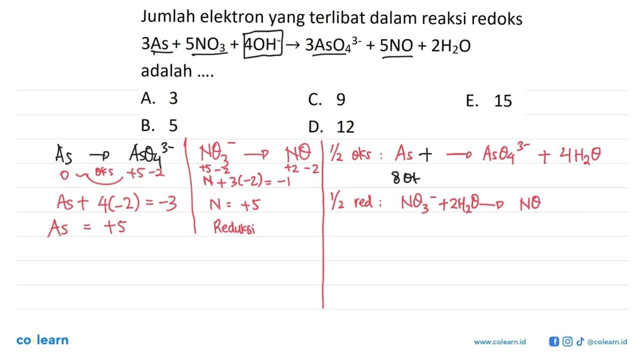 Jumlah elektron yang terlibat dalam reaksi redoks 3As +