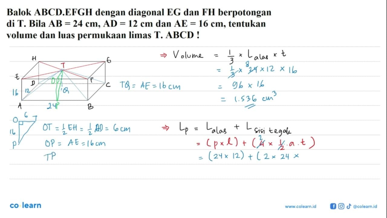 Balok ABCD.EFGH dengan diagonal EG dan FH berpotongan di T.