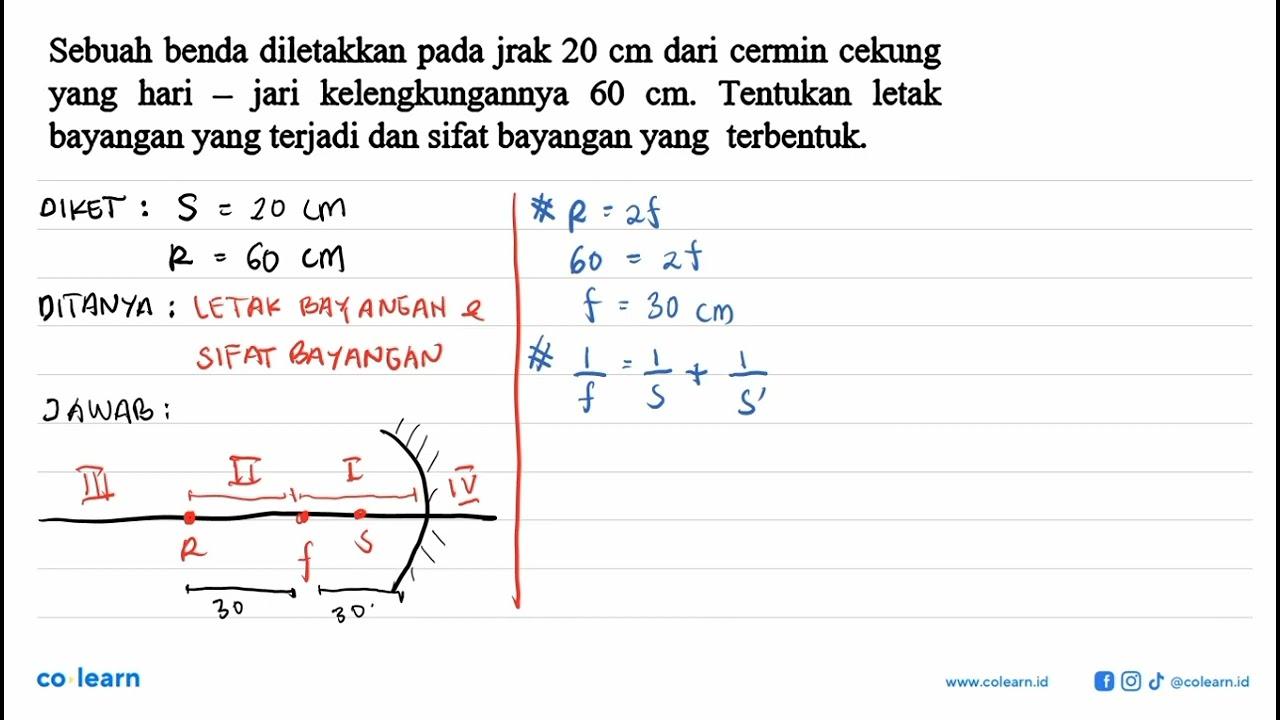 Sebuah benda diletakkan pada jrak 20 cm dari cermin cekung