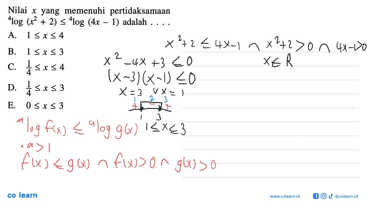 Nilai x yang memenuhi pertidaksamaan 4 log (x^2+2)<=4 log