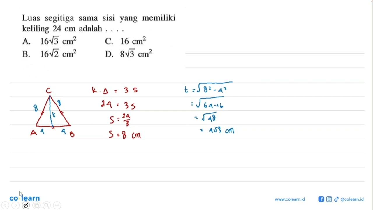 Luas segitiga sama sisi yang memiliki keliling 24 cm