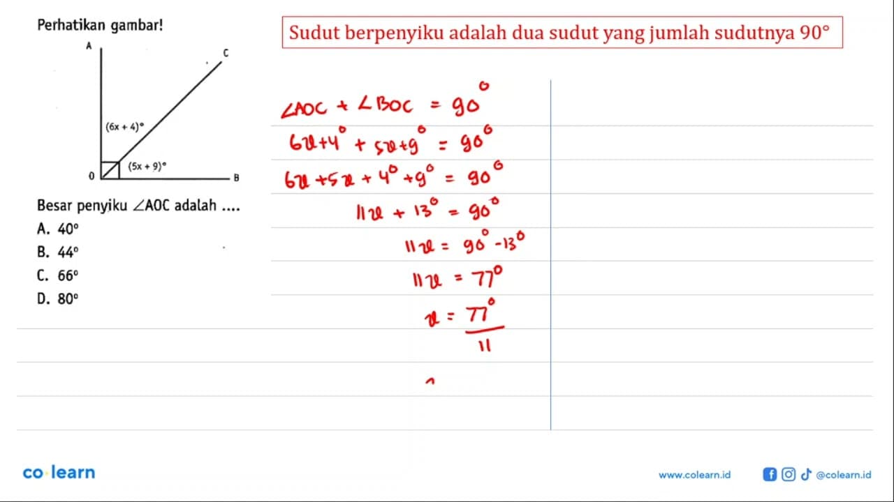 Perhatikan gambar!Besar penyiku sudut AOC adalah ....