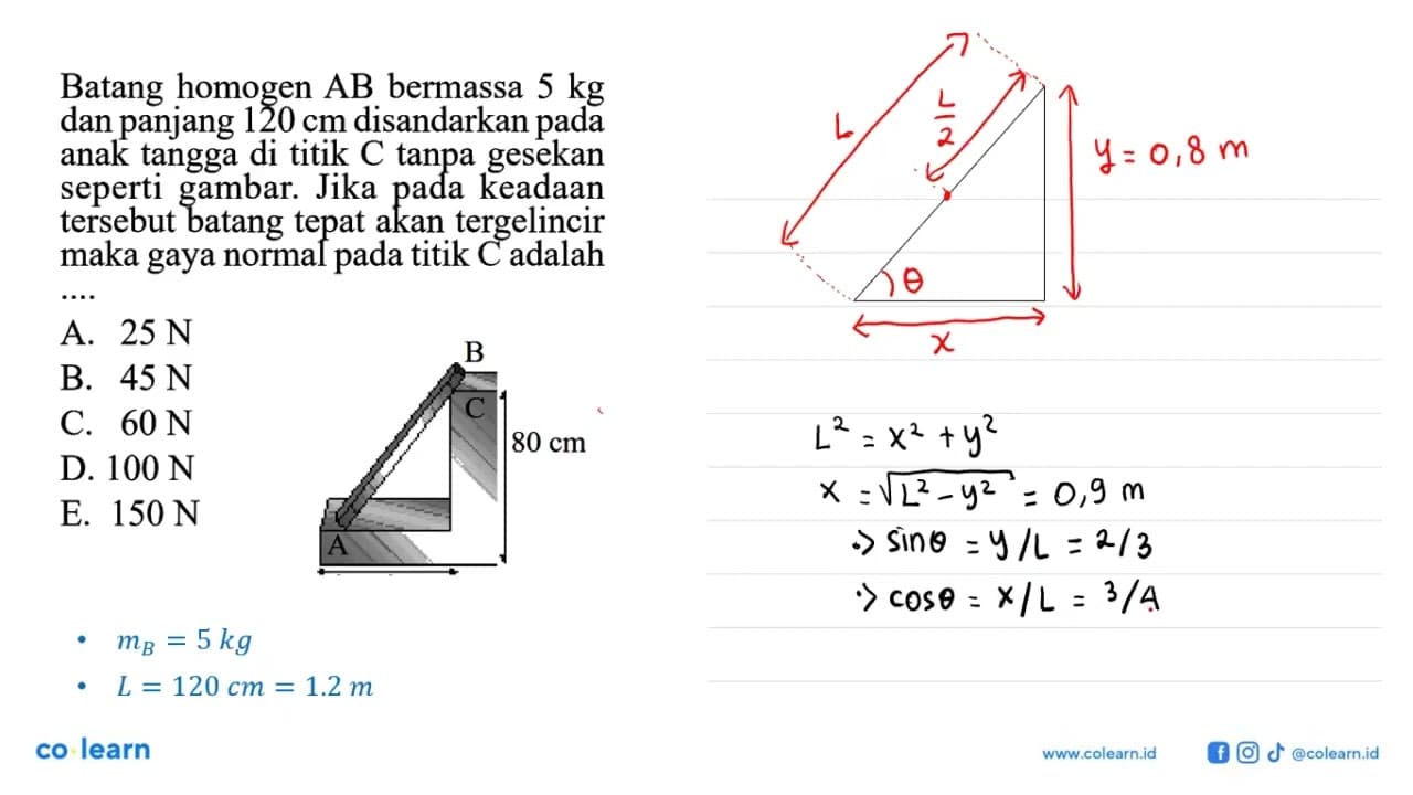 Batang homogen AB bermassa 5 kg dan panjang 120 cm