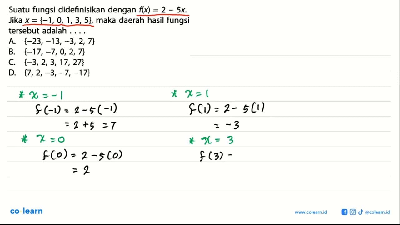 Suatu fungsi didefinisikan dengan f(x)=2-5x. Jika