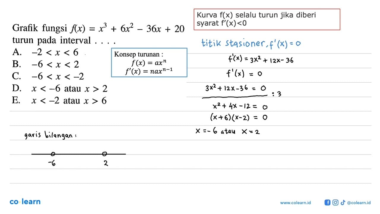 Grafik fungsi f(x)=x^3+6x^2-36x+20 turun pada interval ....