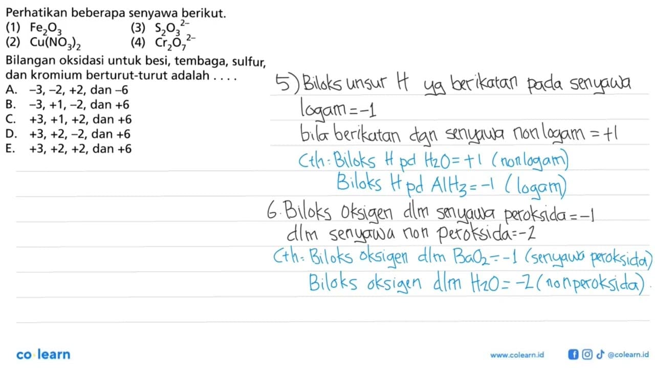 Perhatikan beberapa senyawa berikut.(1) Fe2 O3 (3) S2 O3^2-