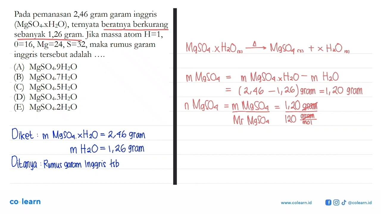 Pada pemanasan 2,46 gram garam inggris (MgSO4.xH2O),