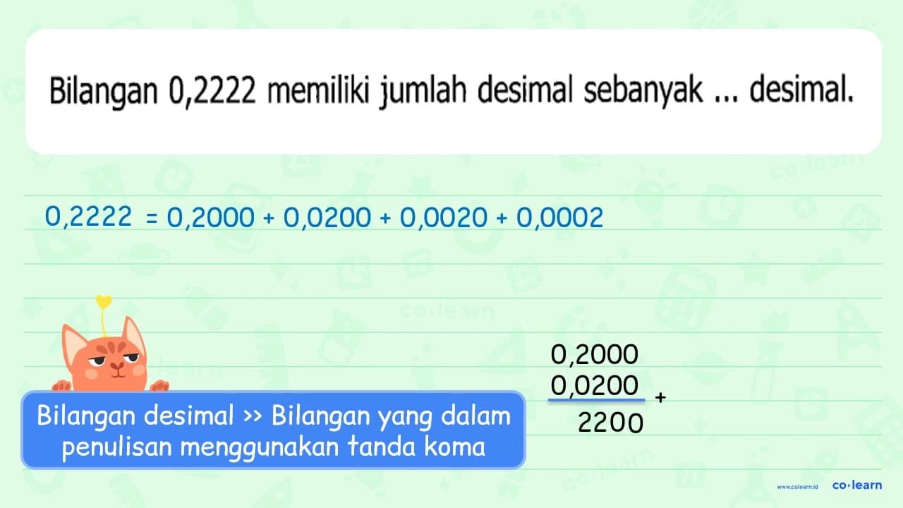 Bilangan 0,2222 memiliki jumlah desimal sebanyak ...