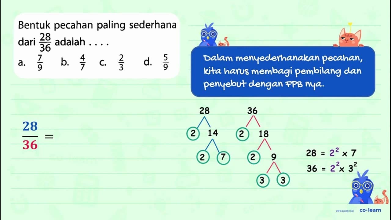 Bentuk pecahan paling sederhana dari 28 adalah 36 2 g b. d.