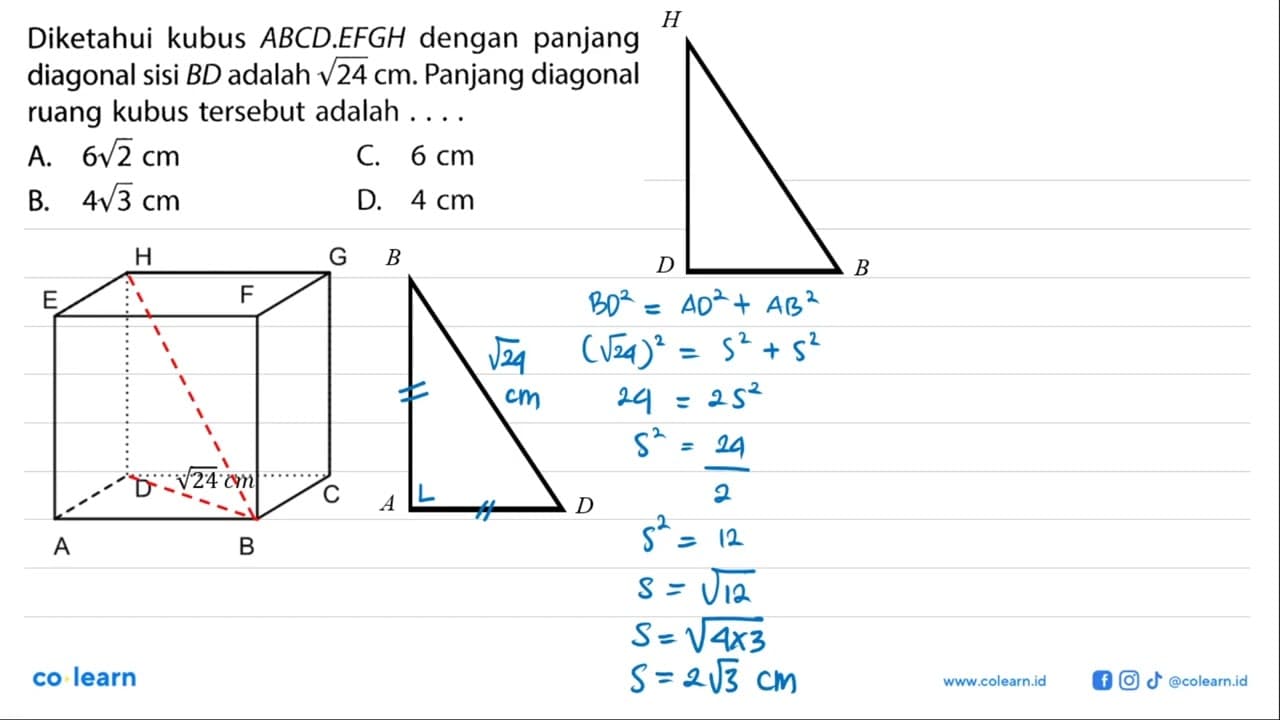 Diketahui kubus ABCD.EFGH dengan panjang diagonal sisi BD