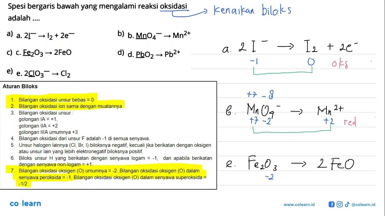 Spesi bergaris bawah yang mengalami reaksi oksidasi adalah