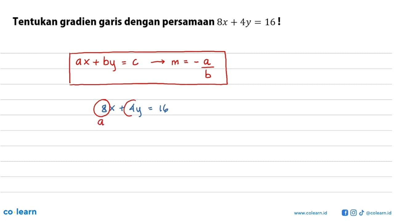 Tentukan gradien garis dengan persamaan 8x + 4y = 16 !