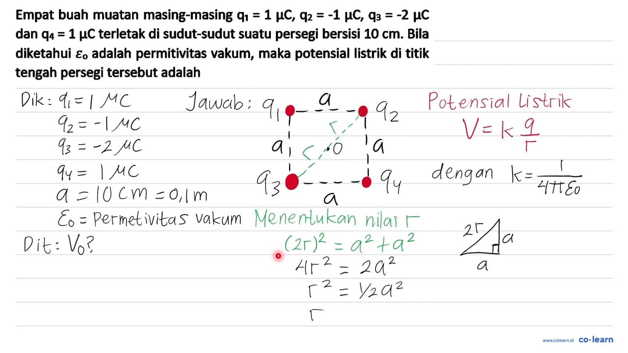 Empat buah muatan masing-masing q_(1)=1 mu C, q_(2)=-1 mu