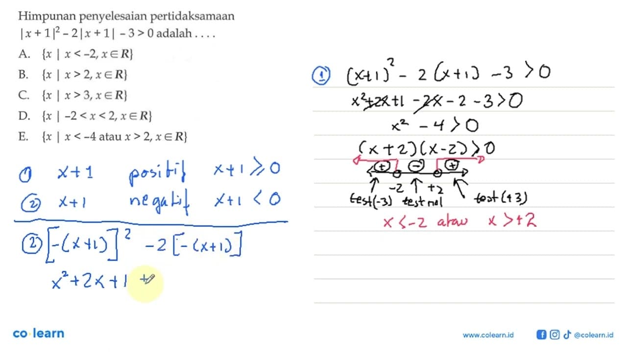 Himpunan penyelesaian pertidaksamaan |x+1|^2-2|x+1|-3>0