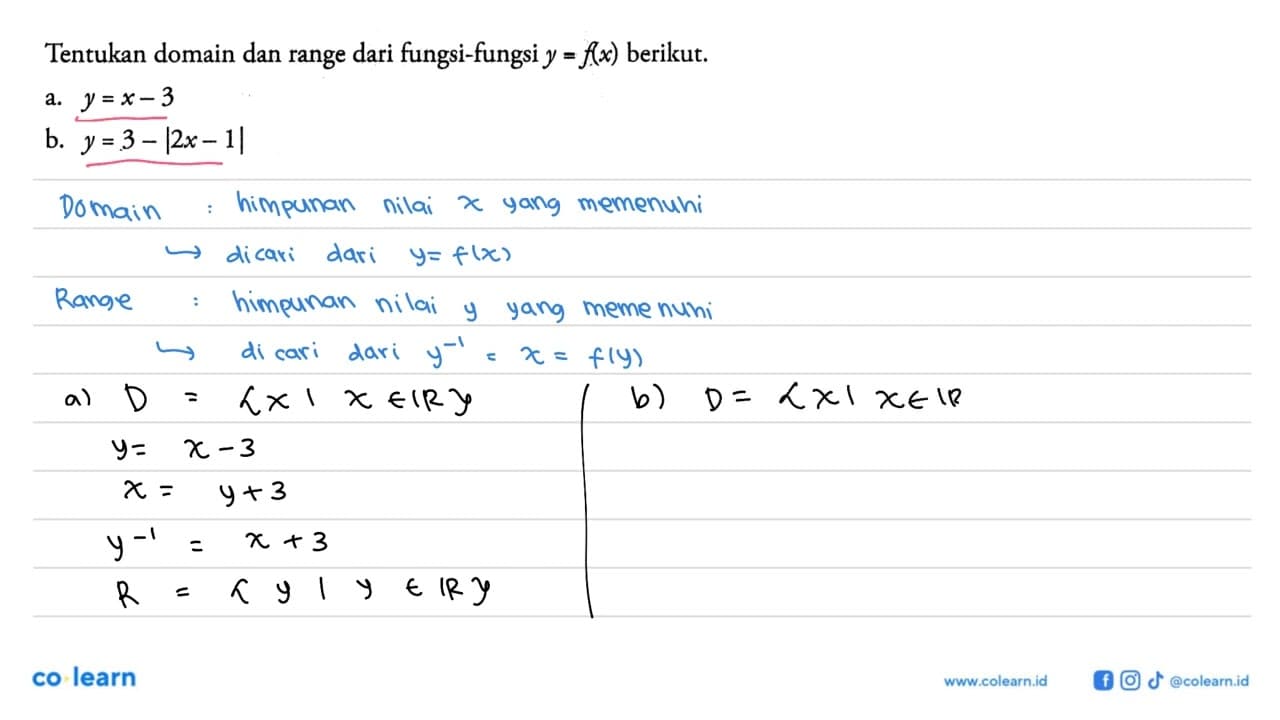 Tentukan domain dan range dari fungsi-fungsi y = f(x)