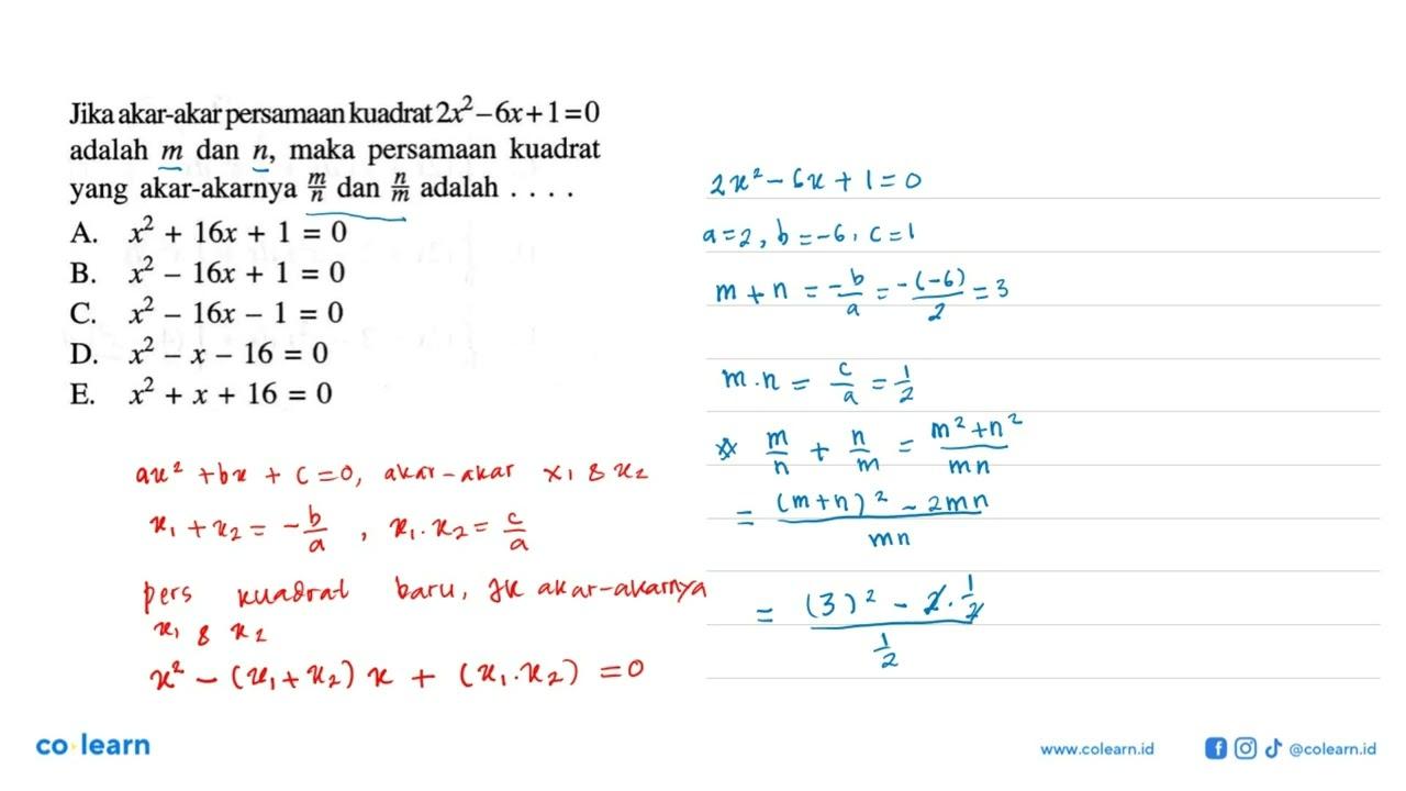 Jika akar-akarpersamaan kuadrat 2x^2 - 6x + 1 = 0 adalah m