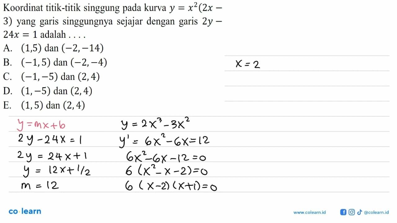 Koordinat titik-titik singgung pada kurva y=x^2(2x- 3) yang