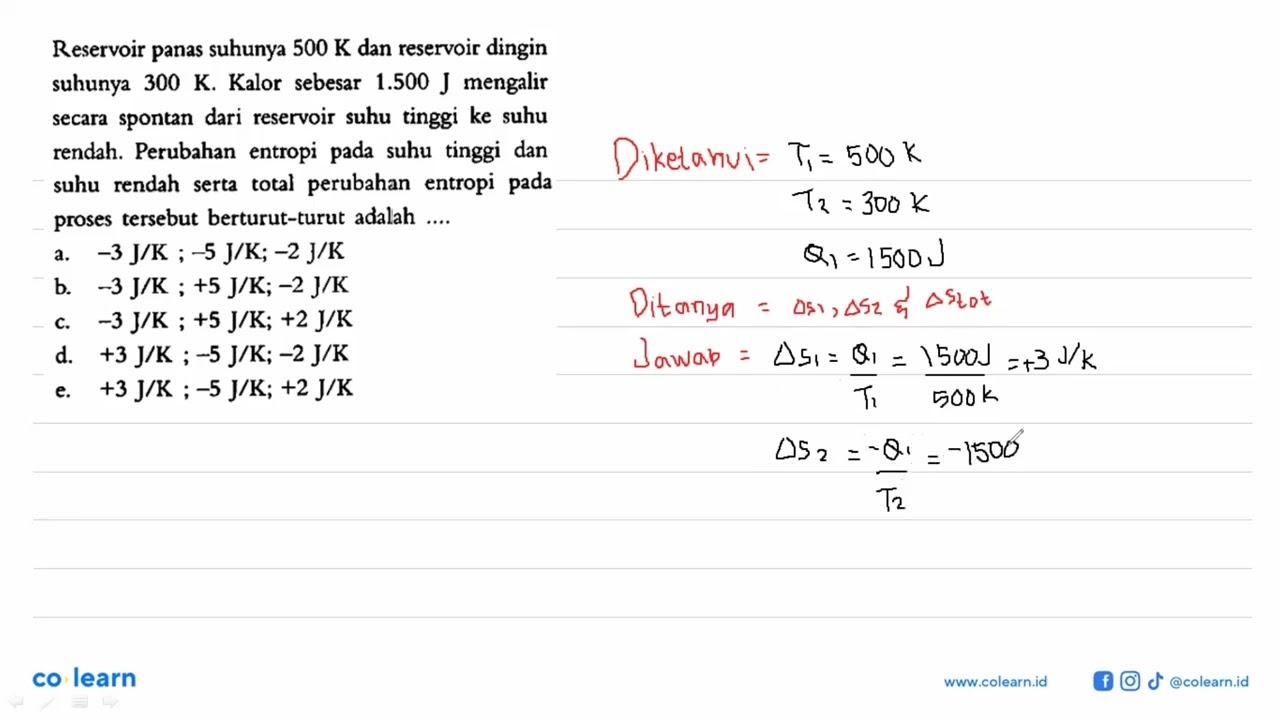 Reservoir panas suhunya 500 K dan reservoir dingin suhunya