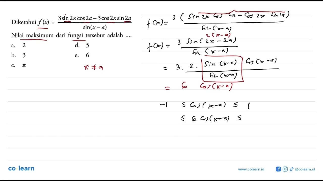 Diketahui f(x)=(3 sin (2x) cos (2a) - 3 cos (2x) sin