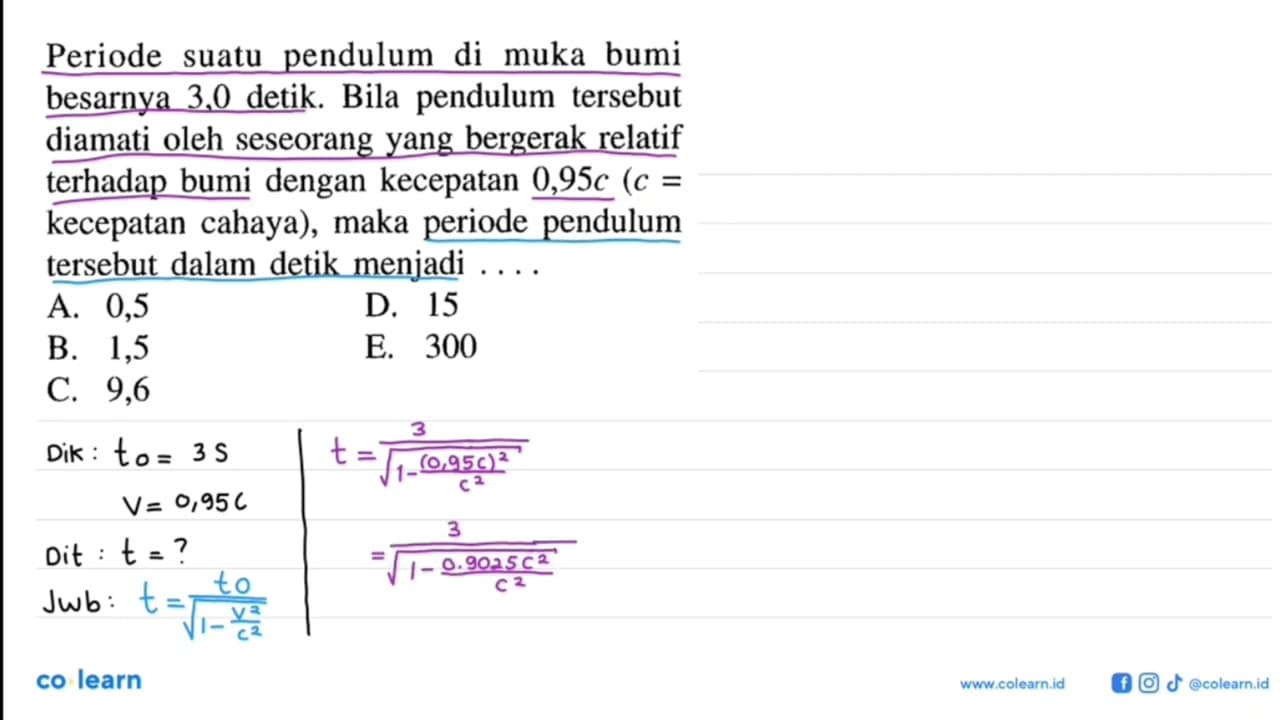 Periode suatu pendulum di muka bumi besarnya 3,0 detik.