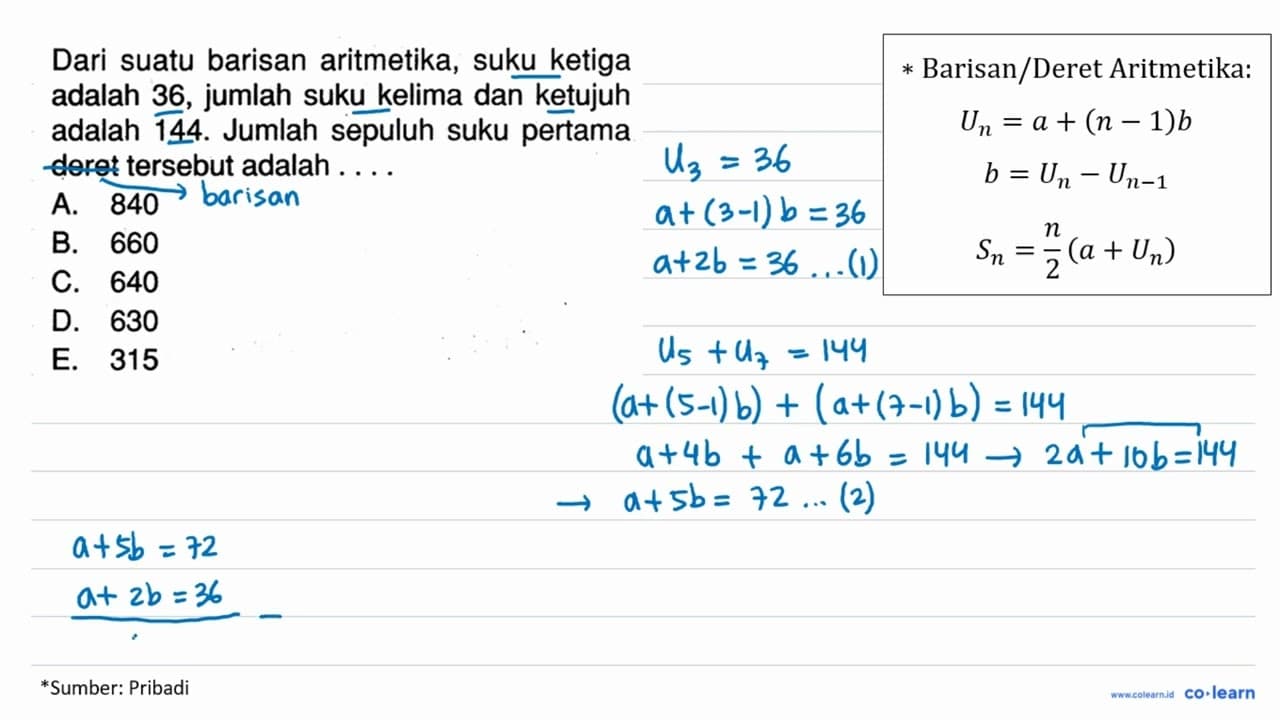 Dari suatu barisan aritmetika, suku ketiga adalah 36,