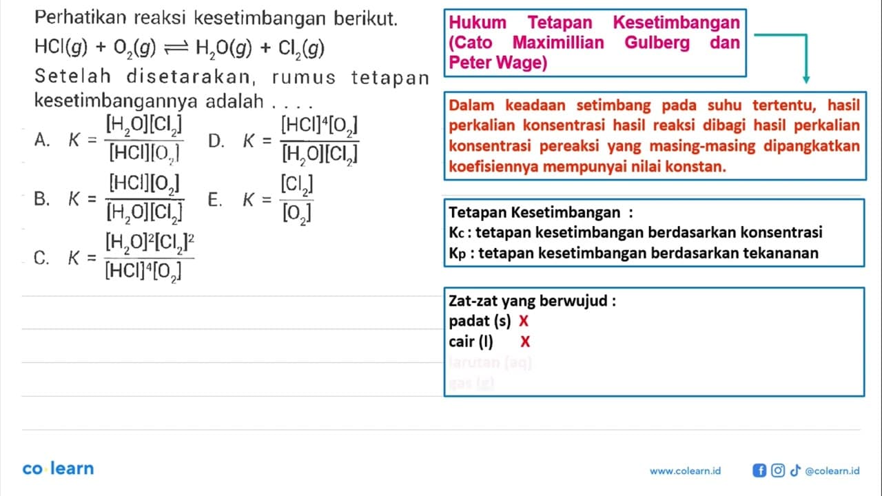 Perhatikan reaksi kesetimbangan berikut. HCl(g)+O2(g) <=>