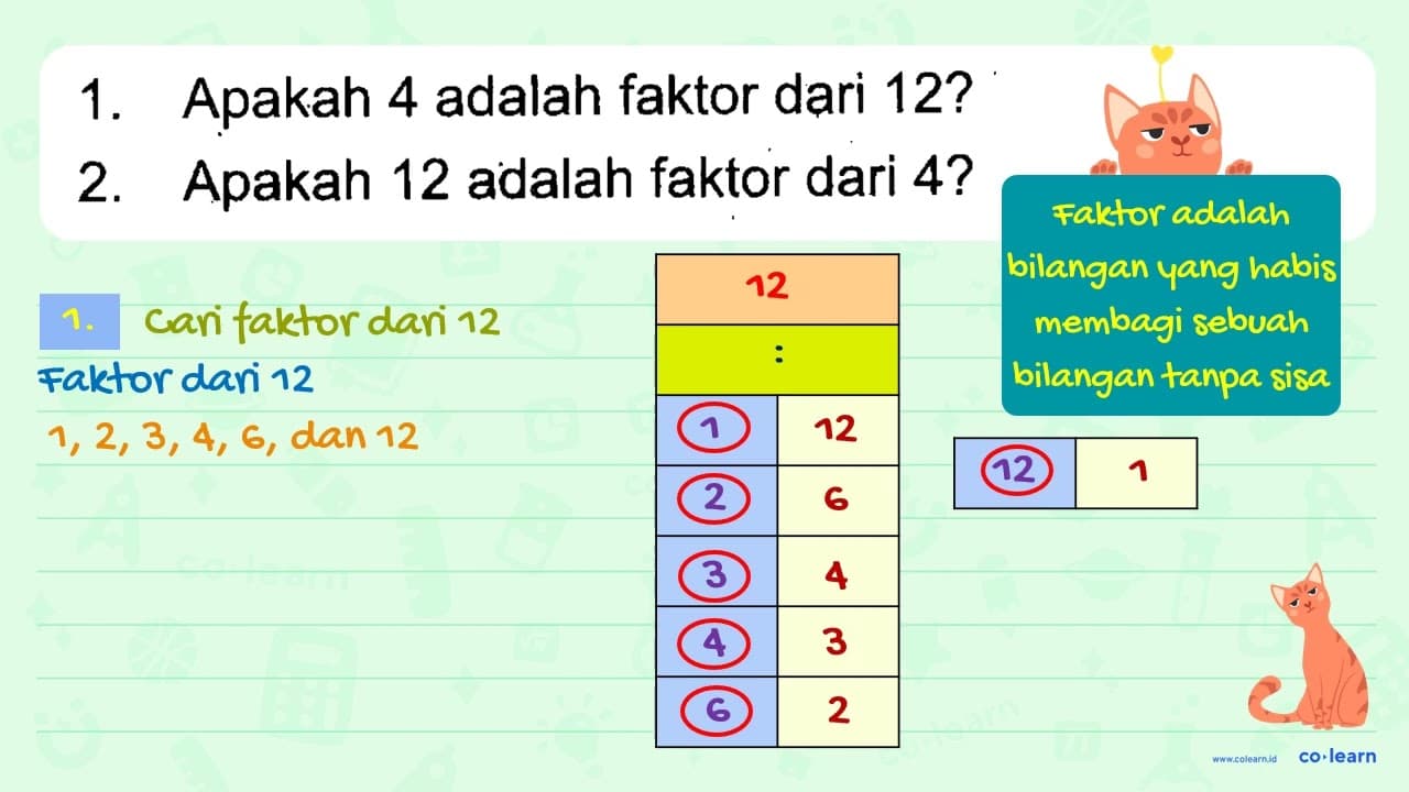 1. Apakah 4 adalah faktor dari 12? 2. Apakah 12 adalah