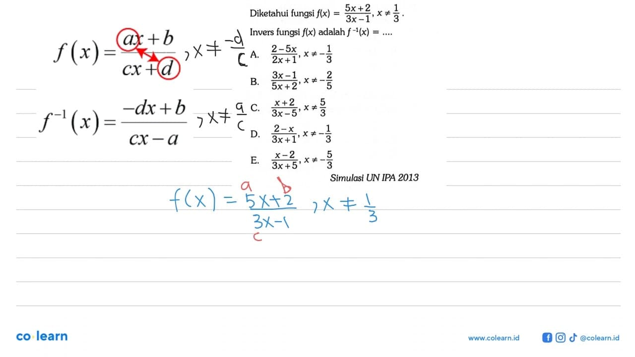 Diketahui fungsi f(x)=(5x+2)/(3x-1), x=/=1/3. Invers fungsi