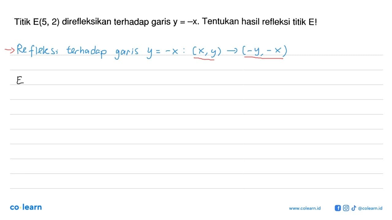 Titik E(5, 2) direfleksikan terhadap garis y=-x. Tentukan