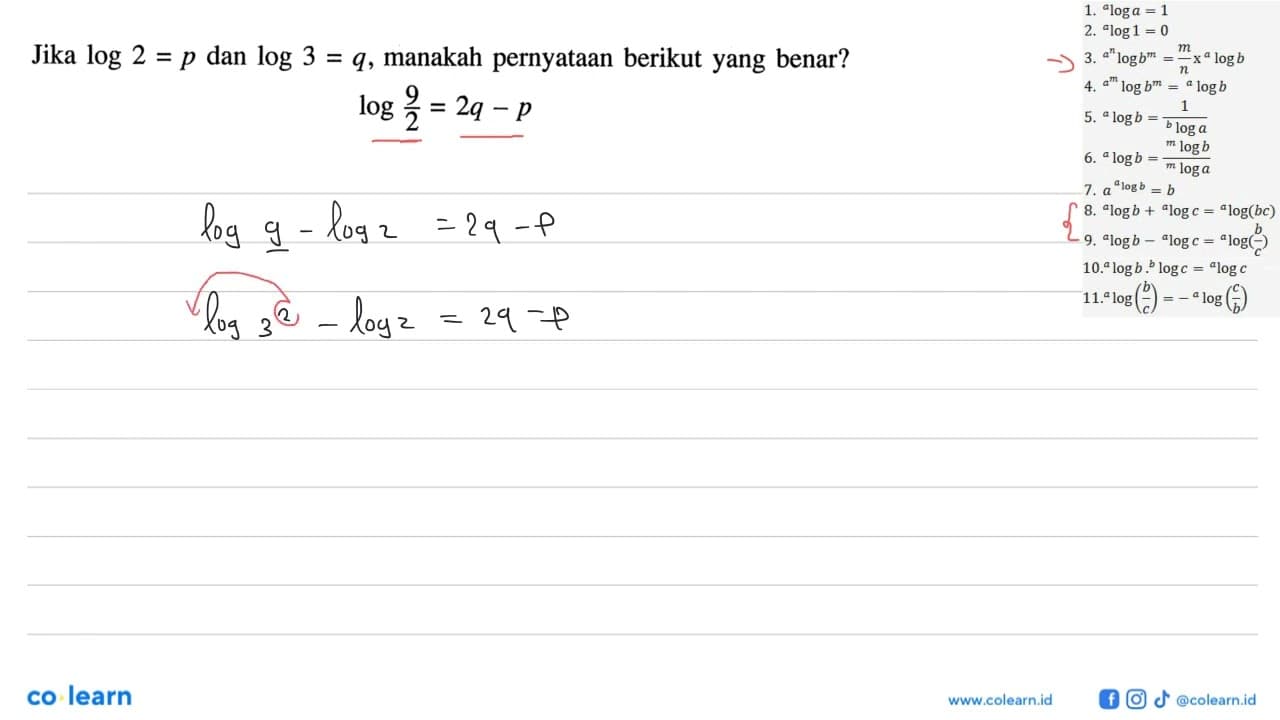 Jika log2=p dan log3=q, manakah pernyataan berikut yang