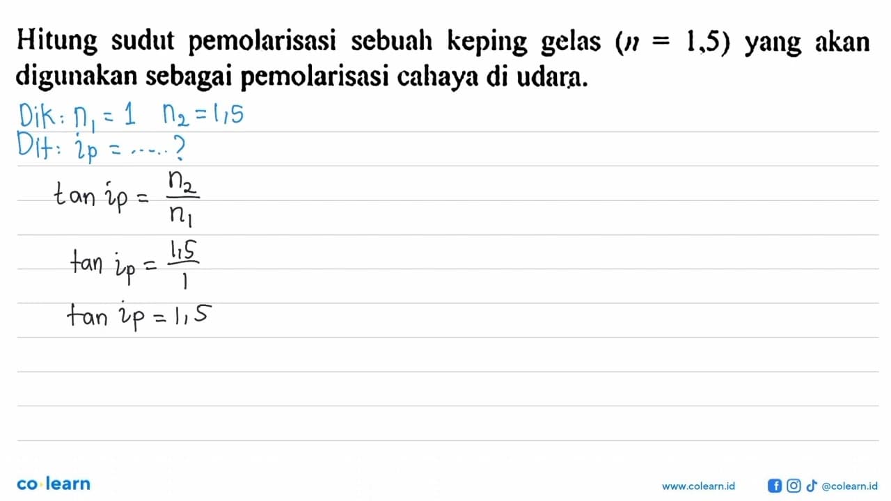 Hitung sudut pemolarisasi sebuah keping gelas (n=1,5) yang