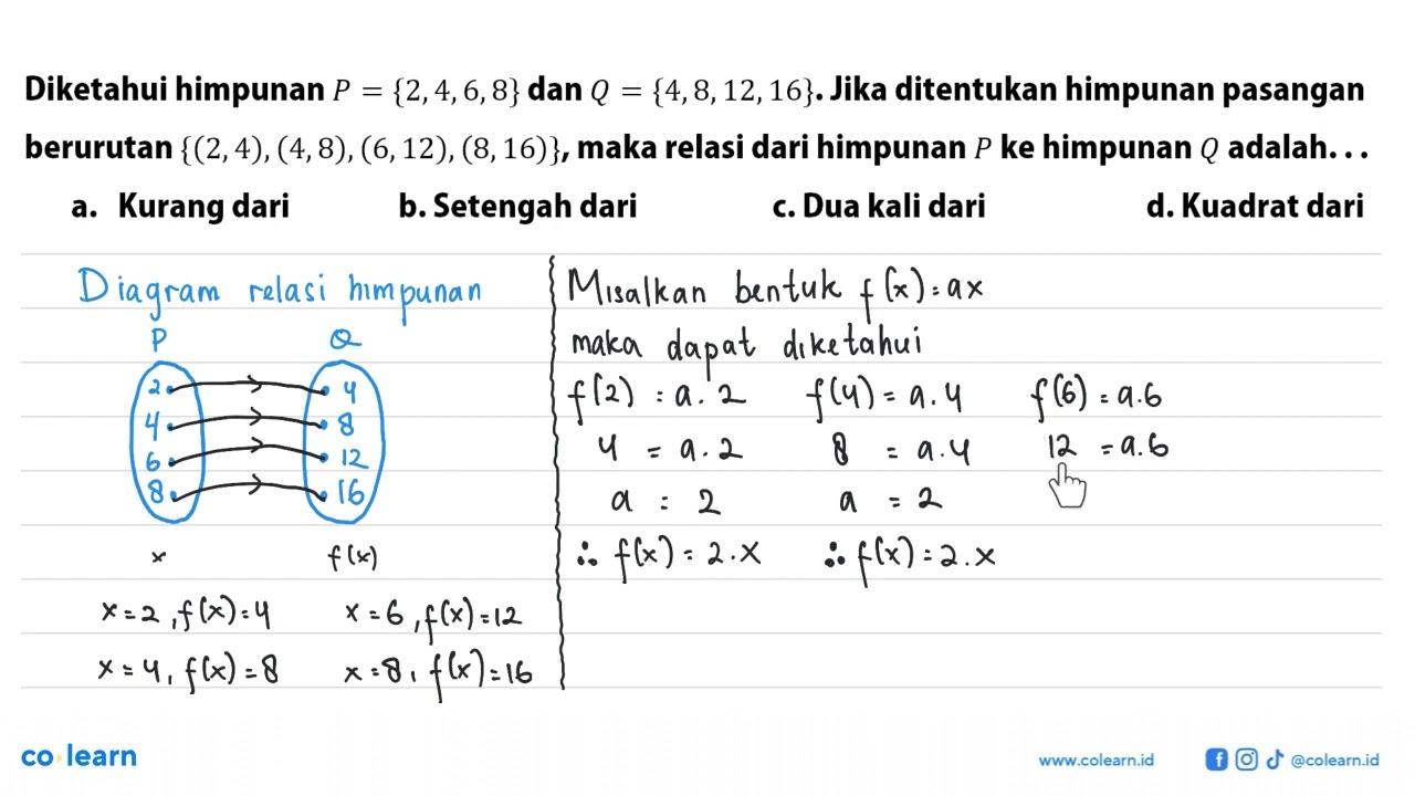 Diketahui himpunan P = {2,4,6,8} dan Q = {4,8,12,16}. Jika