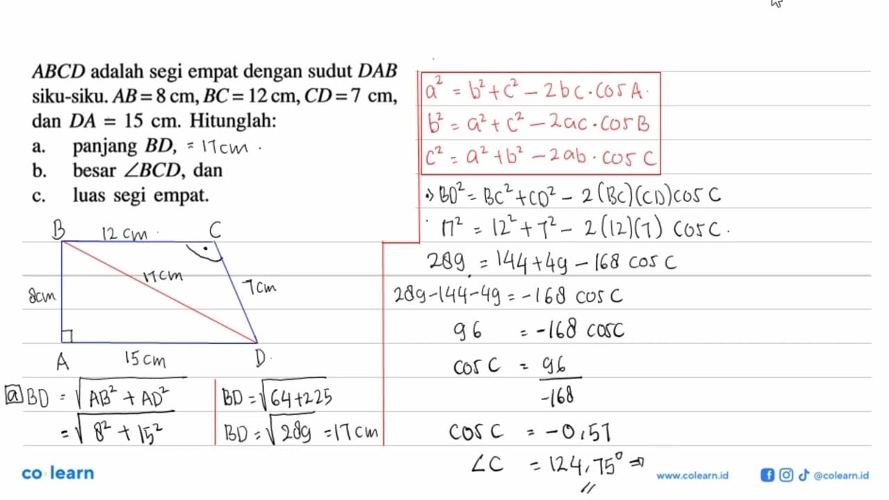 ABCD adalah segi empat dengan sudut DAB siku-siku. AB = 8