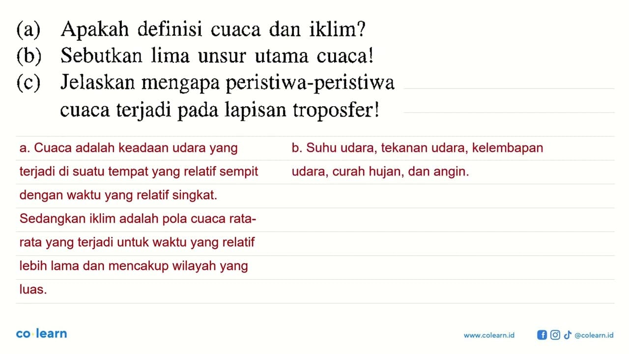 (a) Apakah definisi cuaca dan iklim? (b) Sebutkan lima