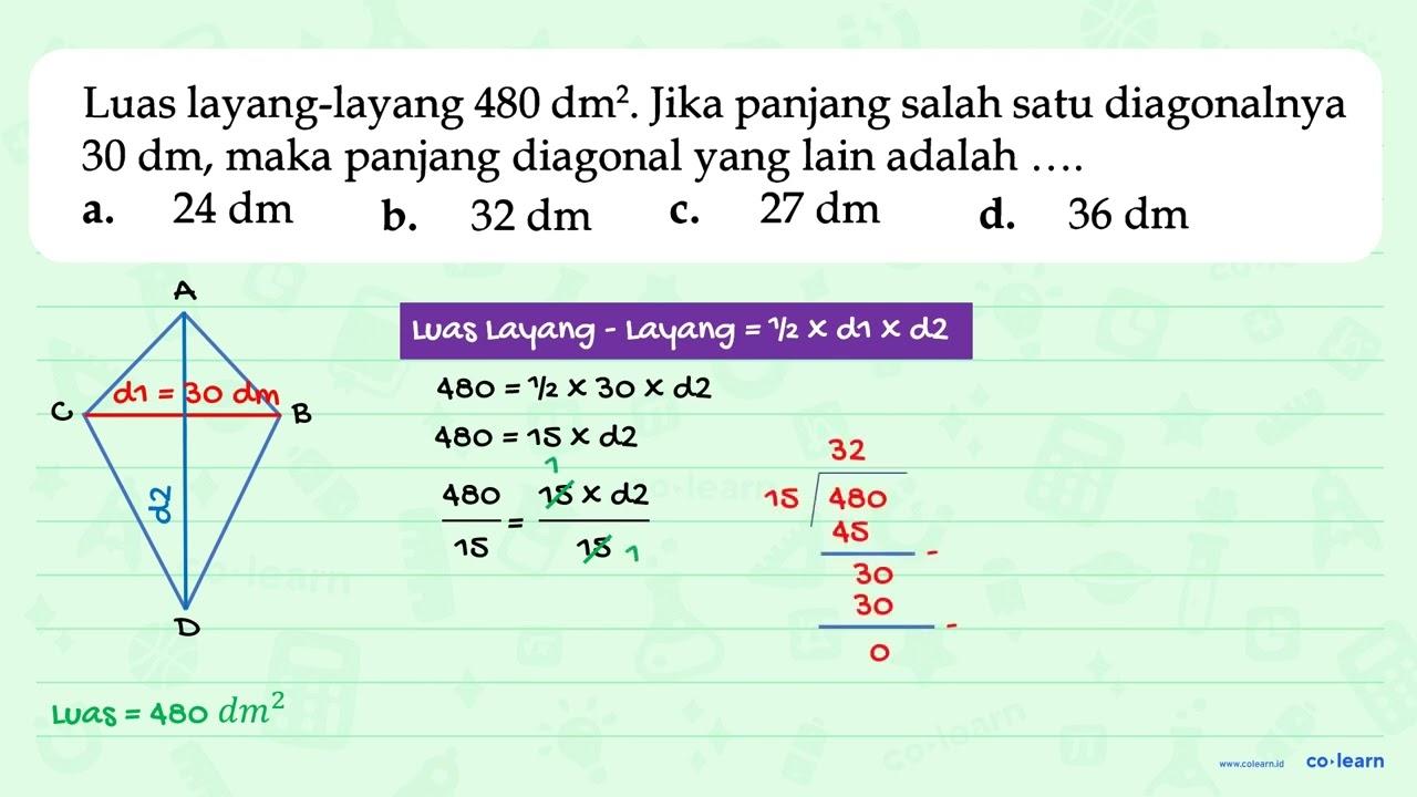 Luas layang-layang 480 dm^2. Jika panjang salah satu