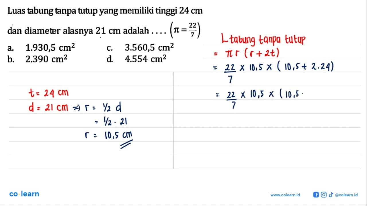 Luas tabung tanpa tutup yang memiliki tinggi 24 cm dan
