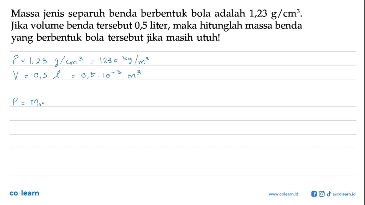 Massa jenis separuh benda berbentuk bola adalah 1,23