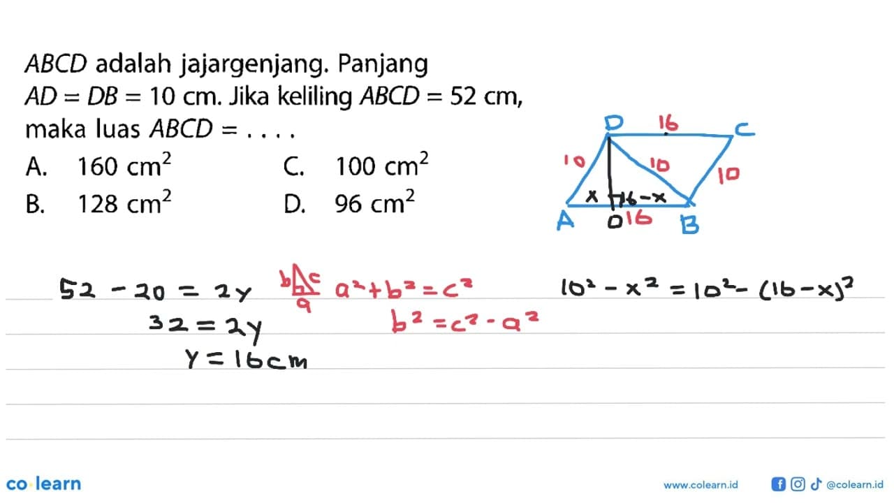 ABCD adalah jajargenjang. Panjang AD=DB=10 cm. Jika