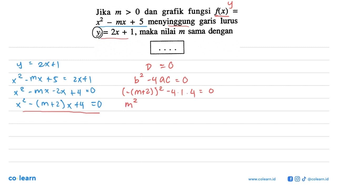 Jika m>0 dan grafik fungsi f(x)= x^2-mx+5 menyinggung garis