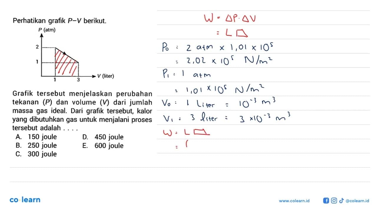 Perhatikan grafik P-V berikut. P (atm) 2 1 1 3 V (liter)