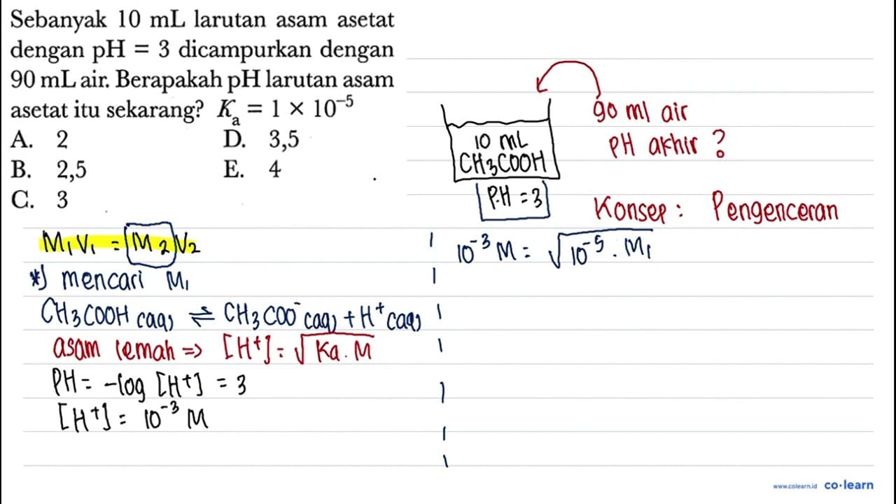 Sebanyak 10 mL larutan asam asetat dengan pH = 3