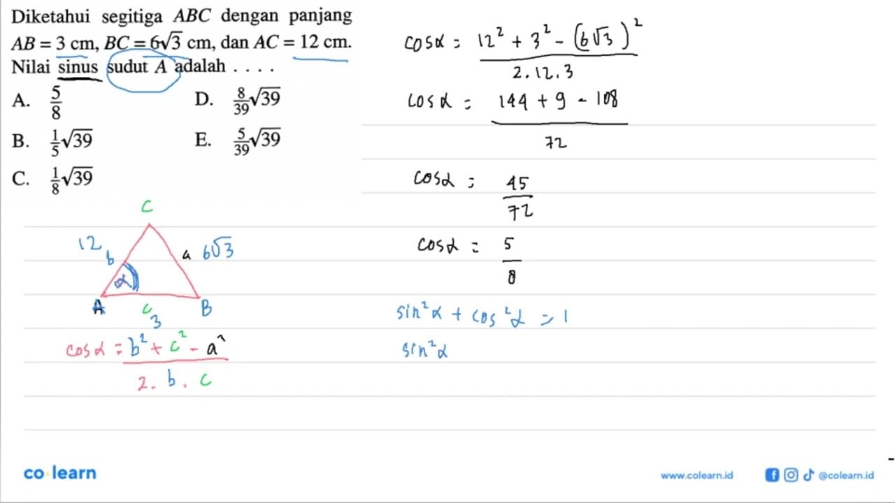 Diketahui segitiga ABC dengan panjang AB=3 cm, BC=6 akar(3)