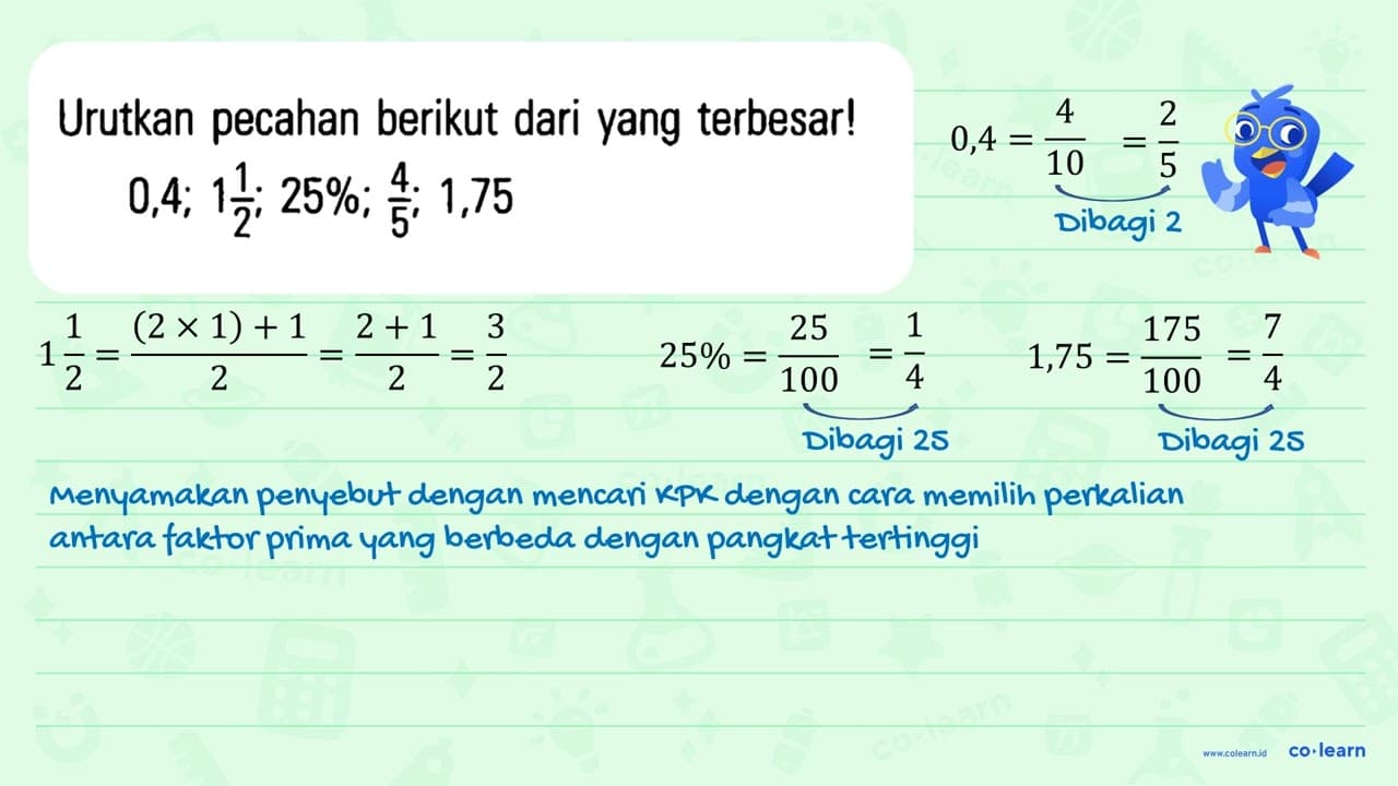 Urutkan pecahan berikut dari yang terbesar! 0,4 ; 1 1/2 ;