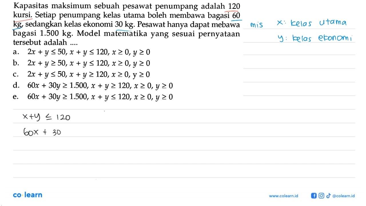 Kapasitas maksimum sebuah pesawat penumpang adalah 120