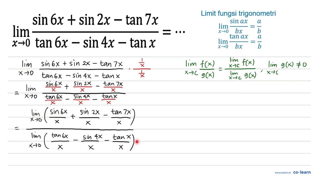 lim _(x -> 0) (sin 6 x+sin 2 x-tan 7 x)/(tan 6 x-sin 4