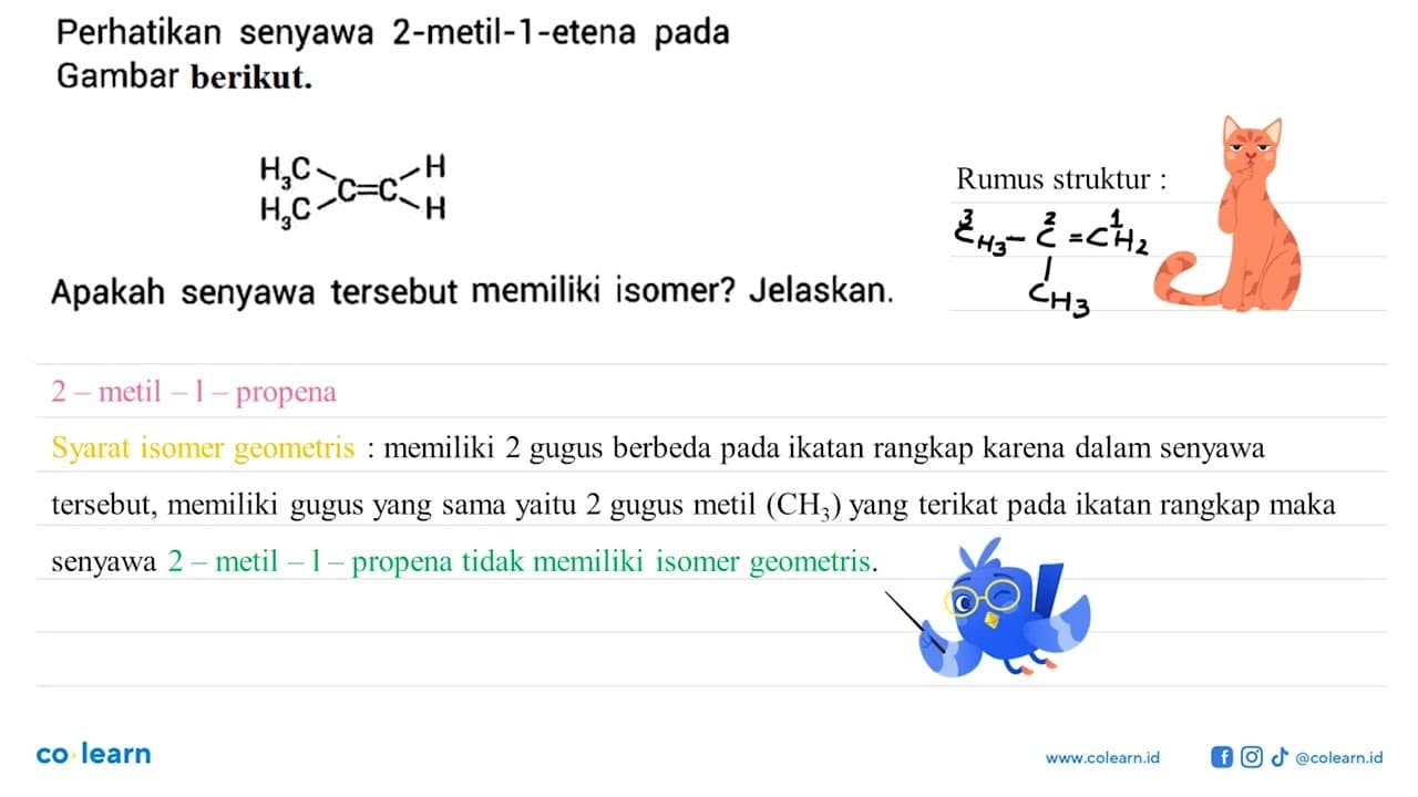 Perhatikan senyawa 2-metil-1-etena pada Gambar berikut. C=C