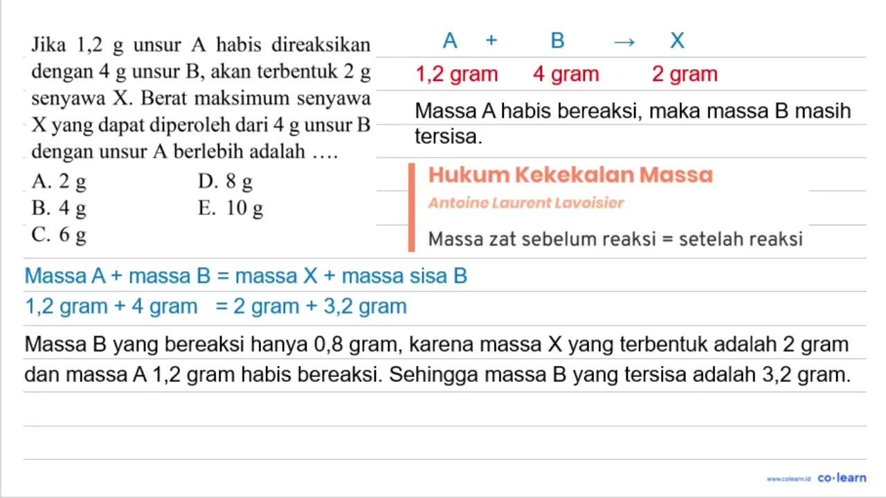 Jika 1,2 g unsur A habis direaksikan dengan 4 ~g unsur B,