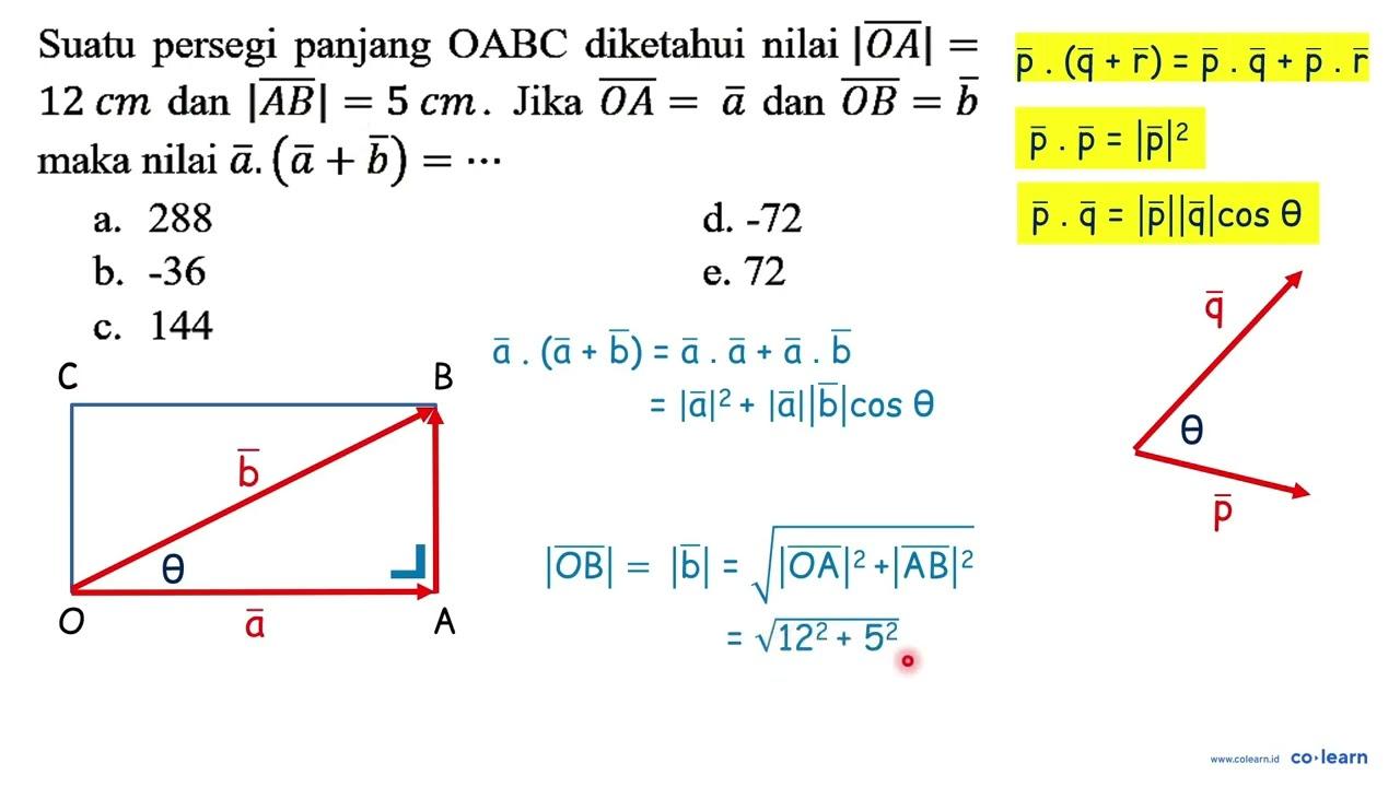 Suatu persegi panjang OABC diketahui nilai |OA|= 12 cm dan