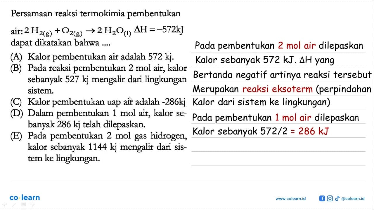 Persamaan reaksi termokimia pembentukan air: 2H2(g) + O2(g)